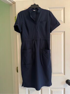 C Saucy Navy Short Sleeve Drawstring Scrub Dress